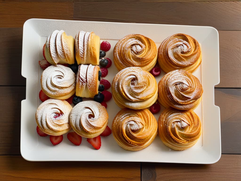  An ultradetailed, minimalist image of a pristine white marble countertop with a symmetrical arrangement of freshly baked pastries cooling on a wire rack. The warm, goldenbrown hues of flaky croissants, perfectly piped éclairs, and glossy fruit tarts create a visually striking contrast against the immaculate surface. Each pastry is adorned with delicate garnishes like edible flowers, sliced almonds, and a dusting of powdered sugar, showcasing the artistry and precision of French patisserie techniques. This image exudes elegance, precision, and mastery in the world of pastry making, perfectly complementing the legacy of Mary Berry as the queen of British baking. hyperrealistic, full body, detailed clothing, highly detailed, cinematic lighting, stunningly beautiful, intricate, sharp focus, f/1. 8, 85mm, (centered image composition), (professionally color graded), ((bright soft diffused light)), volumetric fog, trending on instagram, trending on tumblr, HDR 4K, 8K