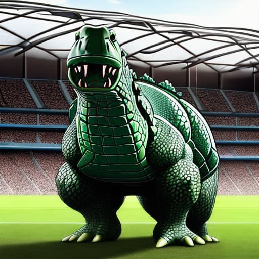  full members of a rugby player crocodile face and body of a crocodile standing in front of big stadium