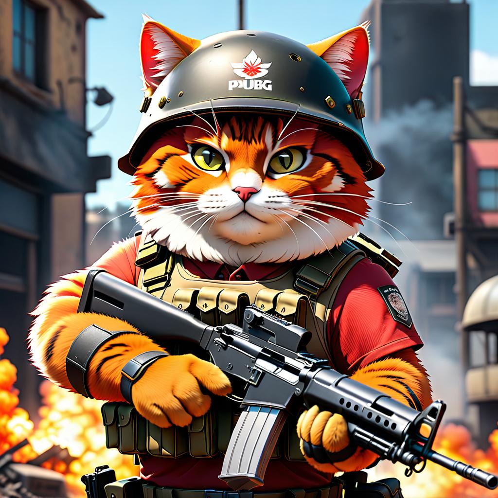  anime artwork A red, fat cat from the game PUBG with an AK 47 in its paws and a three tier helmet, explosions in the background. . anime style, key visual, vibrant, studio anime, highly detailed hyperrealistic, full body, detailed clothing, highly detailed, cinematic lighting, stunningly beautiful, intricate, sharp focus, f/1. 8, 85mm, (centered image composition), (professionally color graded), ((bright soft diffused light)), volumetric fog, trending on instagram, trending on tumblr, HDR 4K, 8K