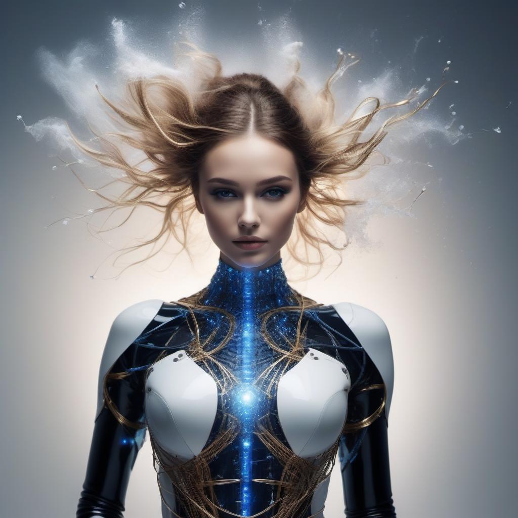  The girl robot of the future, the luminous wires in the move from the head hang, sticking out, dances, splashes of white black gold blue explodes, glows.Style art