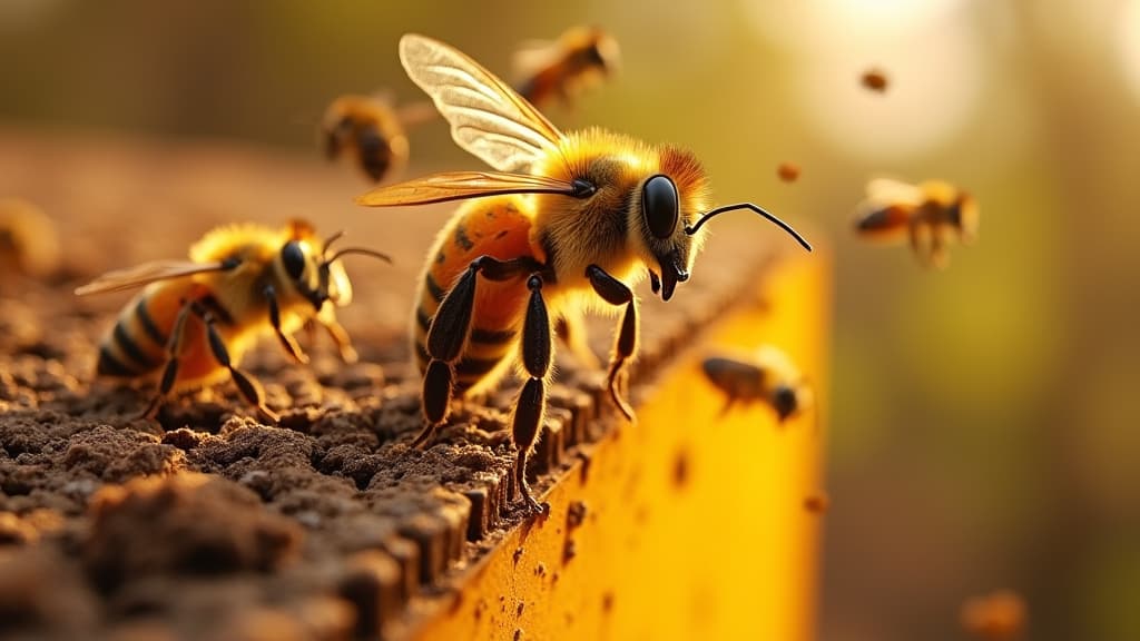  good quality, high quality, a close up view of a beehive with bees flying around it.