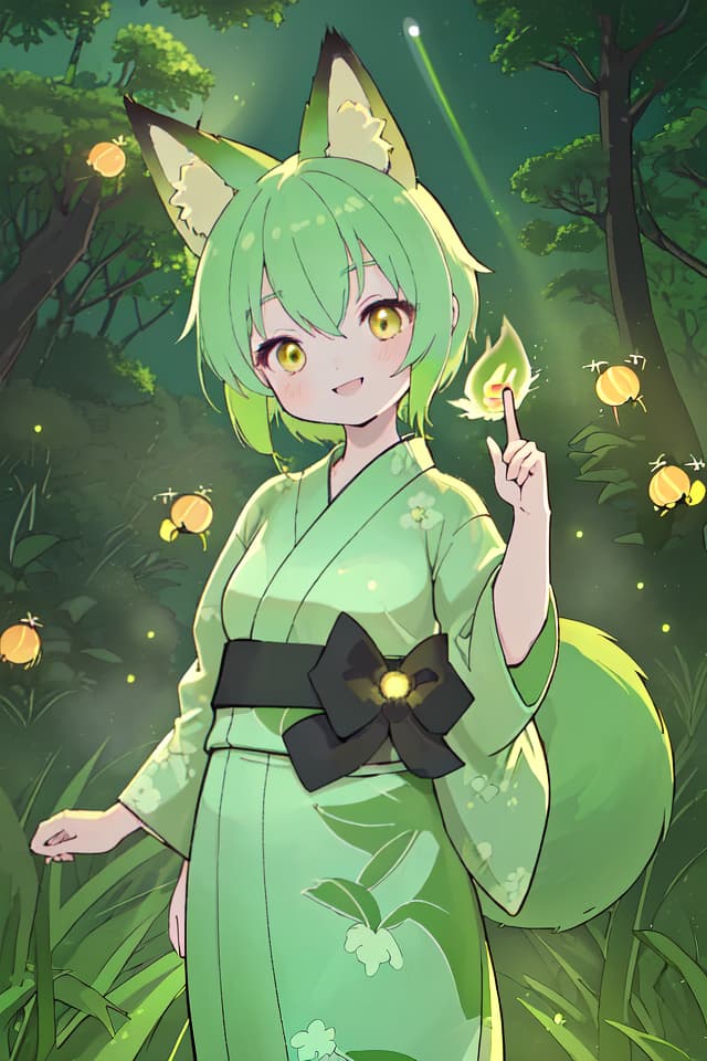  A yukata of the green hair character in the fox ear, the light of countless fireflies shines in the dark countryside, a very beautiful smile, a large amount of fireflies dancing, detailed shadows, delicate lines, detailed fine details. Line, ultra high image quality, 4K, 8K