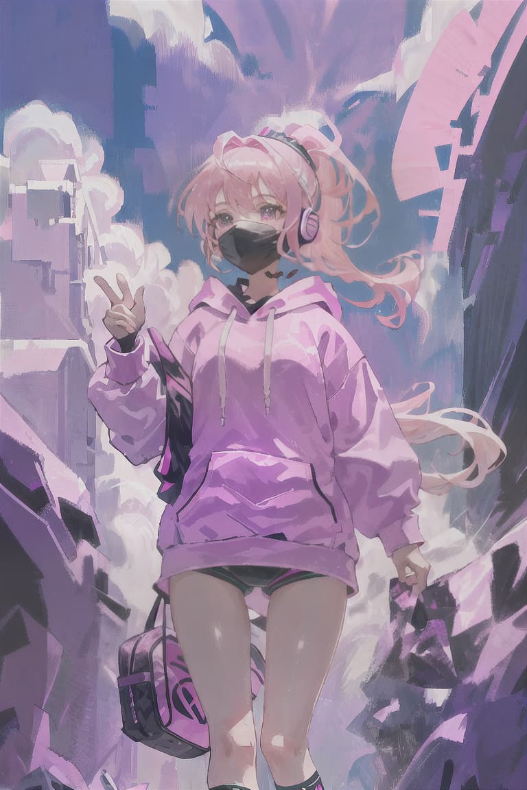  master piece , best quality,Pink hair, ponytail, purple headphones, black and white swimsuit, pink hoodie