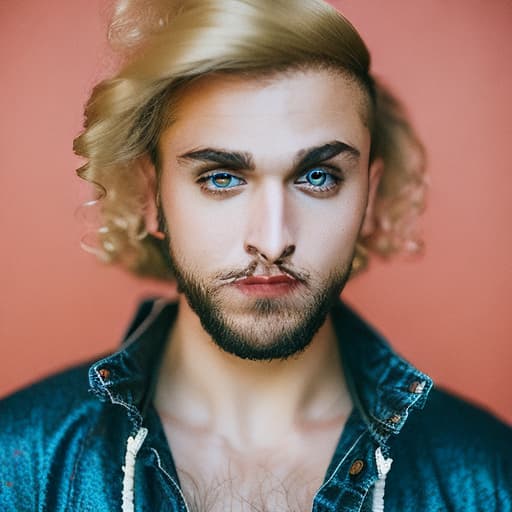 portrait+ style Russian queer parody performer blonde hunk dude face