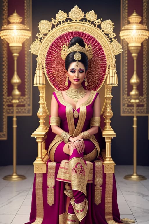  Woman on throne in royal Indian costume hyperrealistic, full body, detailed clothing, highly detailed, cinematic lighting, stunningly beautiful, intricate, sharp focus, f/1. 8, 85mm, (centered image composition), (professionally color graded), ((bright soft diffused light)), volumetric fog, trending on instagram, trending on tumblr, HDR 4K, 8K