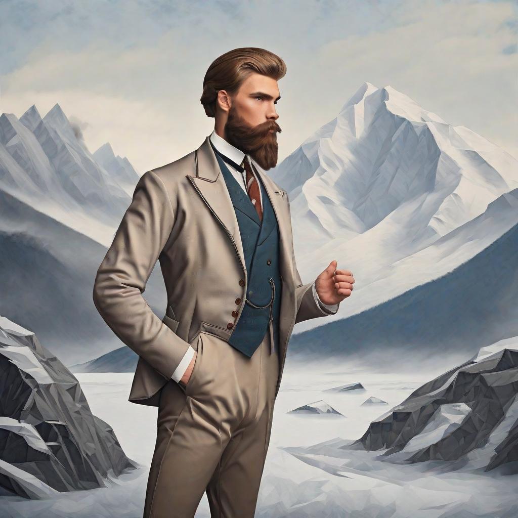  masterpiece, best quality, Portrait of a young man with a long beard wearing a blazer standing next to an icy mountain