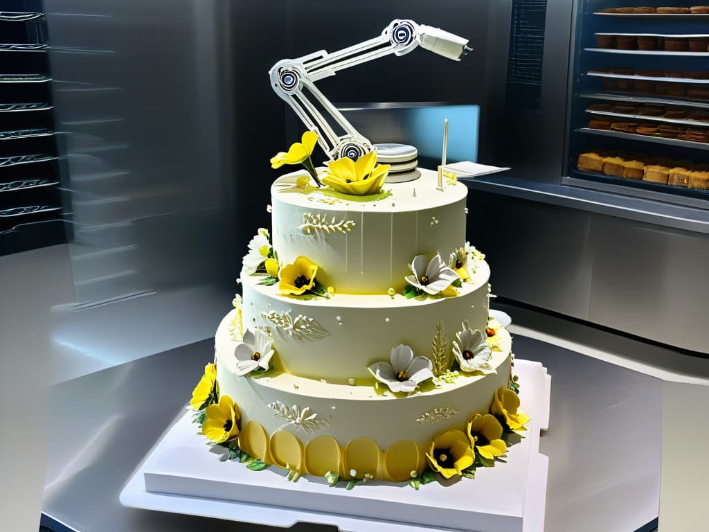  An ultradetailed photorealistic image of a stateoftheart robotic arm meticulously piping intricate designs on a multitiered wedding cake in a modern bakery. The robot's sleek metallic frame gleams under the soft ambient lighting, while colorful frosting flows elegantly from its precision nozzles onto the cake below. The intricate details of the delicate sugar flowers and elaborate patterns being created by the robot showcase the perfect blend of technology and artistry in the world of pastry. hyperrealistic, full body, detailed clothing, highly detailed, cinematic lighting, stunningly beautiful, intricate, sharp focus, f/1. 8, 85mm, (centered image composition), (professionally color graded), ((bright soft diffused light)), volumetric fog, trending on instagram, trending on tumblr, HDR 4K, 8K