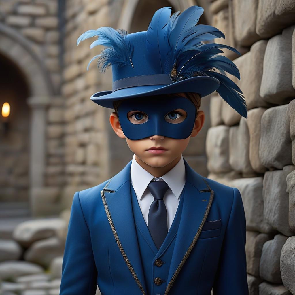  gothic style A boy in a blue suit with a full face mask and a hat with feathers stands mysteriously against a backdrop of a stone wall, beyond which can be seen a medieval city. . dark, mysterious, haunting, dramatic, ornate, detailed hyperrealistic, full body, detailed clothing, highly detailed, cinematic lighting, stunningly beautiful, intricate, sharp focus, f/1. 8, 85mm, (centered image composition), (professionally color graded), ((bright soft diffused light)), volumetric fog, trending on instagram, trending on tumblr, HDR 4K, 8K