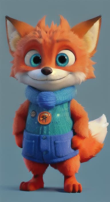  {Error the fox pressing the blue button with his paw, looking puzzled as nothing occurs., Error is a small, bright orange fox with a fluffy tail and big, inquisitive eyes. He has a mischievous yet kind expression and wears a tiny green scarf.