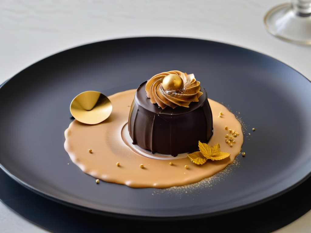  A closeup, ultradetailed image of a luxurious, handcrafted Belgian chocolate truffle placed delicately on a sleek, minimalist plate. The truffle is coated in a perfect layer of rich, glossy dark chocolate, adorned with a single, shimmering gold leaf. The background is softly blurred, emphasizing the intricate swirls and textures of the truffle, creating a sense of indulgence and sophistication. hyperrealistic, full body, detailed clothing, highly detailed, cinematic lighting, stunningly beautiful, intricate, sharp focus, f/1. 8, 85mm, (centered image composition), (professionally color graded), ((bright soft diffused light)), volumetric fog, trending on instagram, trending on tumblr, HDR 4K, 8K