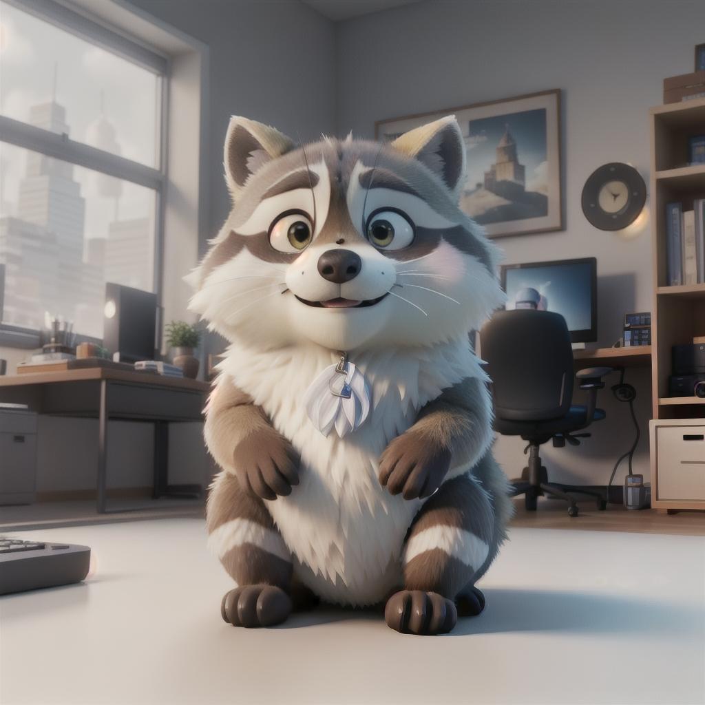  raccoon sitting in gaming chair front a computer on desktop, ((semi anthropomorphic)),(full body), tail, belly, sitting, fat, (chubby), (((white background))), solo, desktop, gaming chair, side view,  [[[clothes]]] hyperrealistic, full body, detailed clothing, highly detailed, cinematic lighting, stunningly beautiful, intricate, sharp focus, f/1. 8, 85mm, (centered image composition), (professionally color graded), ((bright soft diffused light)), volumetric fog, trending on instagram, trending on tumblr, HDR 4K, 8K