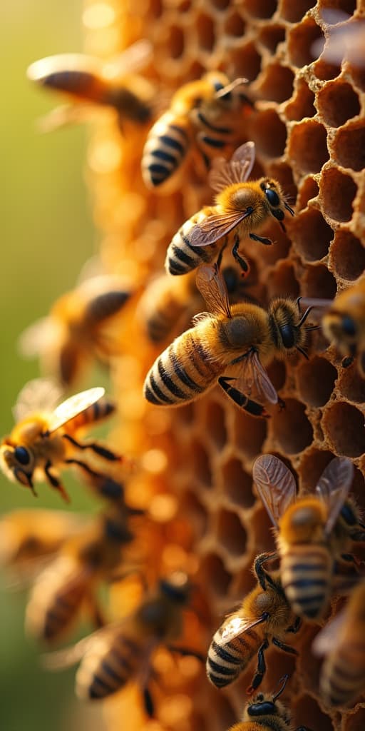  good quality, high quality, a close up view of a beehive with bees flying around it.