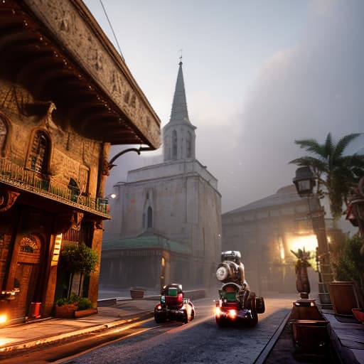 redshift style iglesia y carros voladores en una era de robots hyperrealistic, full body, detailed clothing, highly detailed, cinematic lighting, stunningly beautiful, intricate, sharp focus, f/1. 8, 85mm, (centered image composition), (professionally color graded), ((bright soft diffused light)), volumetric fog, trending on instagram, trending on tumblr, HDR 4K, 8K