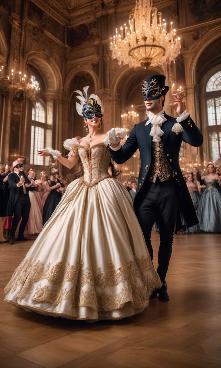  A young couple in masquerade masks at a ball, whirling to the rhythm of a waltz, in Baroque and Renaissance outfits. In a huge hall with high ceilings. The surprised audience applauds them. High detail. High quality. HDR. Focus and focus on the clarity of faces and hands hyperrealistic, full body, detailed clothing, highly detailed, cinematic lighting, stunningly beautiful, intricate, sharp focus, f/1. 8, 85mm, (centered image composition), (professionally color graded), ((bright soft diffused light)), volumetric fog, trending on instagram, trending on tumblr, HDR 4K, 8K