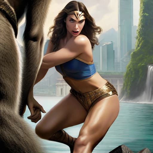  sweating Gal Gadot in fantasy outfit bodytight short dress bending over stone wall while chased by giant ape King Kong smashing trees to the ground