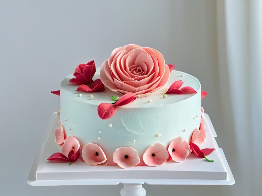  A closeup, ultradetailed image of a delicate, meticulously crafted sugar flower, showcasing intricate layers and lifelike textures. The flower sits atop a perfectly smooth fondant cake, with soft, natural lighting enhancing the subtle shades of pink and white. Each petal and stamen is so finely detailed that every tiny vein and crease is visible, creating a mesmerizing visual feast for aspiring pastry chefs. hyperrealistic, full body, detailed clothing, highly detailed, cinematic lighting, stunningly beautiful, intricate, sharp focus, f/1. 8, 85mm, (centered image composition), (professionally color graded), ((bright soft diffused light)), volumetric fog, trending on instagram, trending on tumblr, HDR 4K, 8K