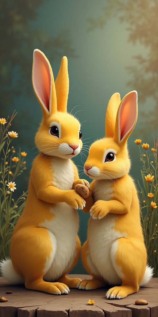  good quality, high quality, enchanted fairy tale still life with adorable yellow bunnies and rustic charm digital painting