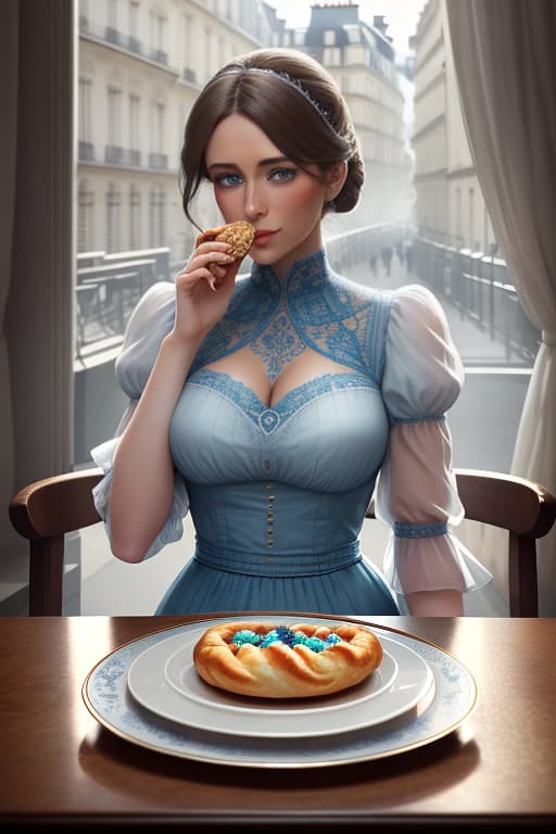  8k portrait of beautiful blue eyes, French girl, eating pastry in Paris, bokah background,intricate, elegant, highly detailed, majestic, digital photography, old money style, (masterpiece, sidelighting, finely detailed beautiful eyes: 1.2), hdr hyperrealistic, full body, detailed clothing, highly detailed, cinematic lighting, stunningly beautiful, intricate, sharp focus, f/1. 8, 85mm, (centered image composition), (professionally color graded), ((bright soft diffused light)), volumetric fog, trending on instagram, trending on tumblr, HDR 4K, 8K