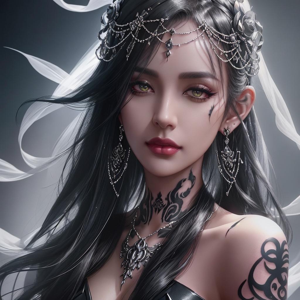  Extremely beautiful woman, black hair, dark eyes, silver earrings, tattooed skin, sophisticated tattoos, in the style of enchanting realms, darkerrorcore, intense gaze, back lighting, Ethereal, 8k high quality, UHD, HDR hyperrealistic, full body, detailed clothing, highly detailed, cinematic lighting, stunningly beautiful, intricate, sharp focus, f/1. 8, 85mm, (centered image composition), (professionally color graded), ((bright soft diffused light)), volumetric fog, trending on instagram, trending on tumblr, HDR 4K, 8K