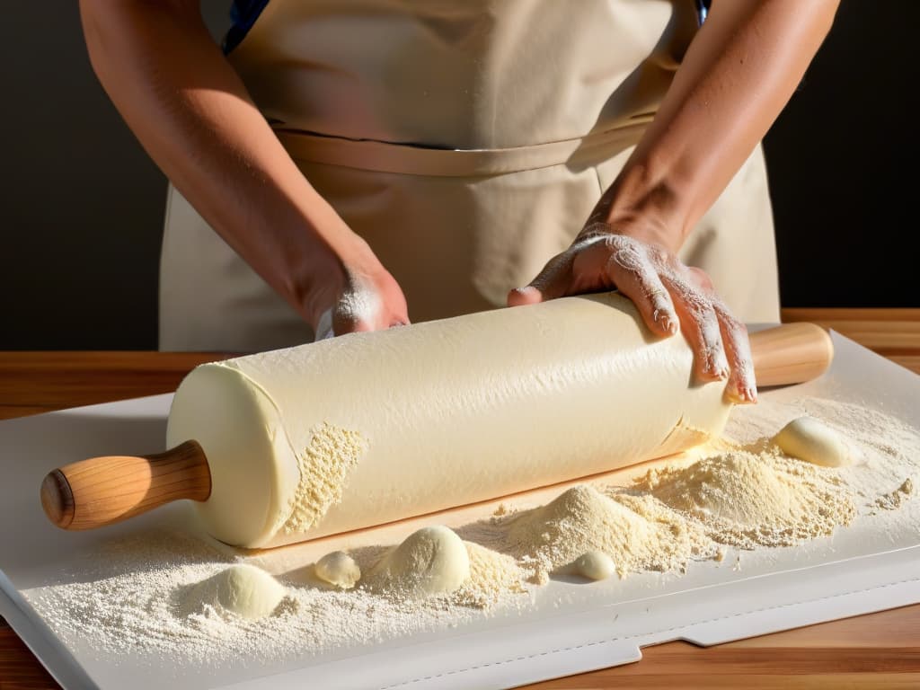  A sleek, minimalistic image of a professional baker's hands expertly using a highquality rolling pin to roll out a perfect dough, with flour dusting the surface lightly, showcasing precision and skill in baking. hyperrealistic, full body, detailed clothing, highly detailed, cinematic lighting, stunningly beautiful, intricate, sharp focus, f/1. 8, 85mm, (centered image composition), (professionally color graded), ((bright soft diffused light)), volumetric fog, trending on instagram, trending on tumblr, HDR 4K, 8K