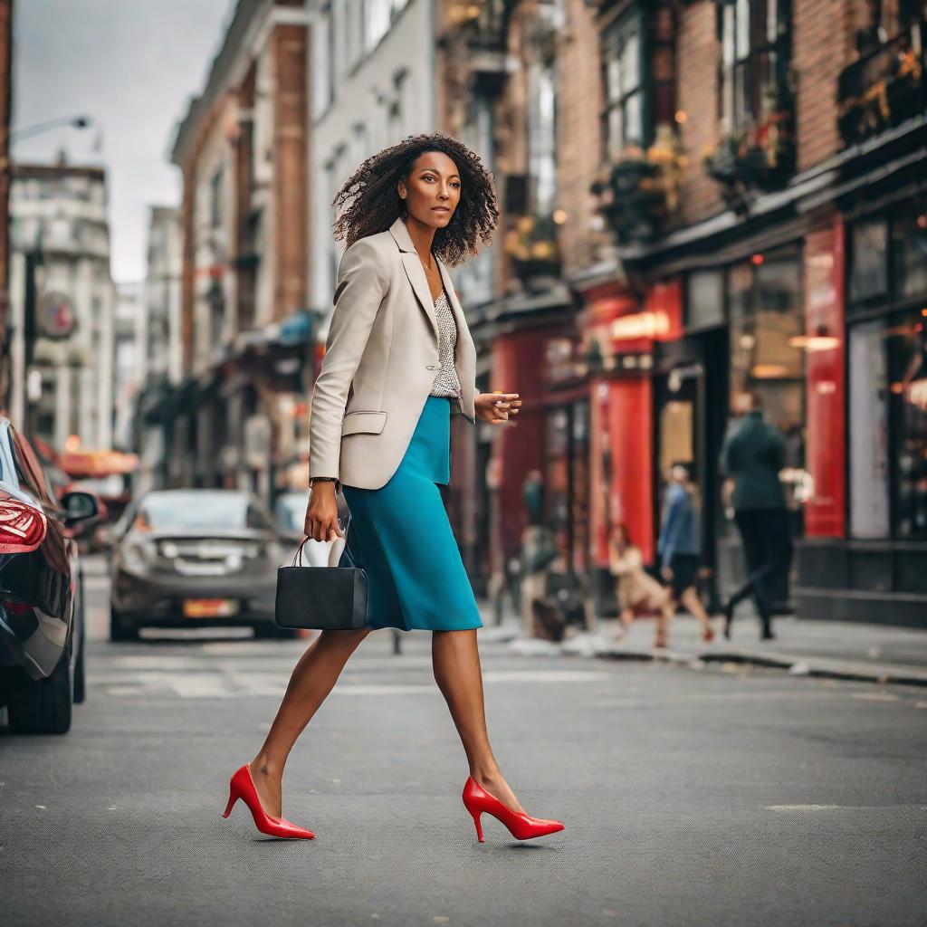  Masterpiece, best quality, dynamic shot of a woman wearing a pair of interchangeable high heels, demonstrating their ability for change. This photo was taken outdoors on a busy city street surrounded by energy. The woman walks confidently, her shoes transitioning from flats to heels, symbolizing empowerment and versatility. The atmosphere is vibrant and energetic, reflecting the fast-paced urban environment. The style of the images is stylized and modern, with a touch of cinematic flair that highlights the fashion aspect of the shoes. The implementation is in a fresh, modern style, using a high quality digital camera and wide-angle lens to capture vibrant urban landscapes.