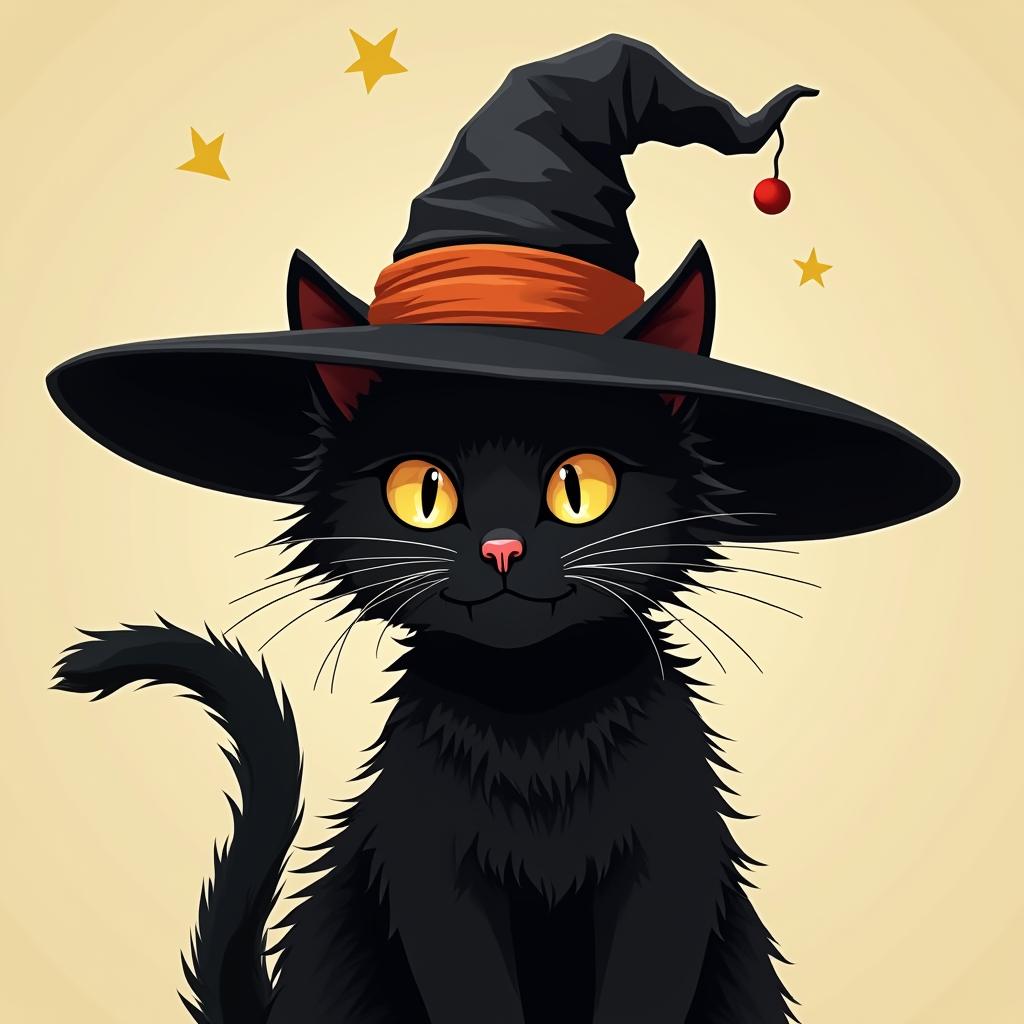  good quality, high quality, black cat wearing witch hat halloween illustration