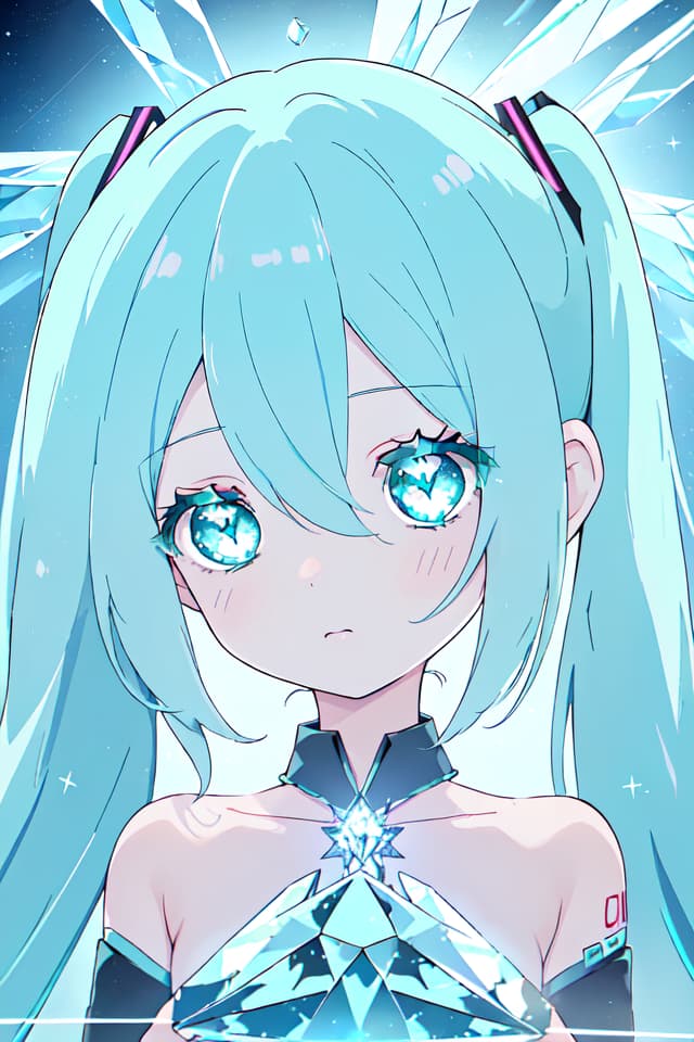  Hatsune Miku,Hair with scenery,Crystals,(diamond hair: 1.1),(diamond eyes:1.1),reflective,portrait,gemstone body,Luminance,Calm,master piece,high quality,4K,8K