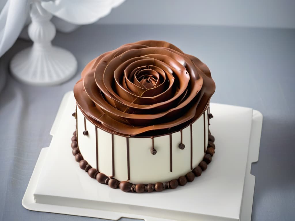  A closeup, ultradetailed image of a perfectly sculpted, glossy chocolate rose delicately placed on a meticulously designed cake, showcasing intricate details of the petals and the rich, decadent texture of the chocolate against a simple, elegant backdrop. hyperrealistic, full body, detailed clothing, highly detailed, cinematic lighting, stunningly beautiful, intricate, sharp focus, f/1. 8, 85mm, (centered image composition), (professionally color graded), ((bright soft diffused light)), volumetric fog, trending on instagram, trending on tumblr, HDR 4K, 8K