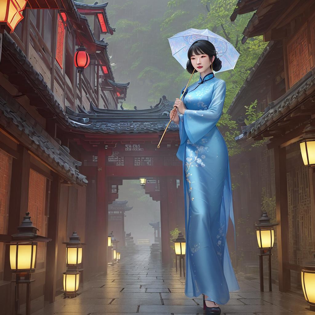  In the drizzle, a slender woman elegantly walks along a narrow alley in an ancient Asian city. She wears a bright silk qipao and her colorful umbrella protects her from raindrops. The ancient wooden buildings, delicate carvings and tile roofs provide a picturesque backdrop. The lanterns hanging overhead cast warm light, further enhancing the charming atmosphere. This cue evokes a sense of cultural richness and exoticism, with a hint of serenity and elegance. Style: Illustrations. Lighting: Soft, warm lantern light. Realization: Created using digital painting techniques, combining traditional Asian art elements with modern aesthetics.