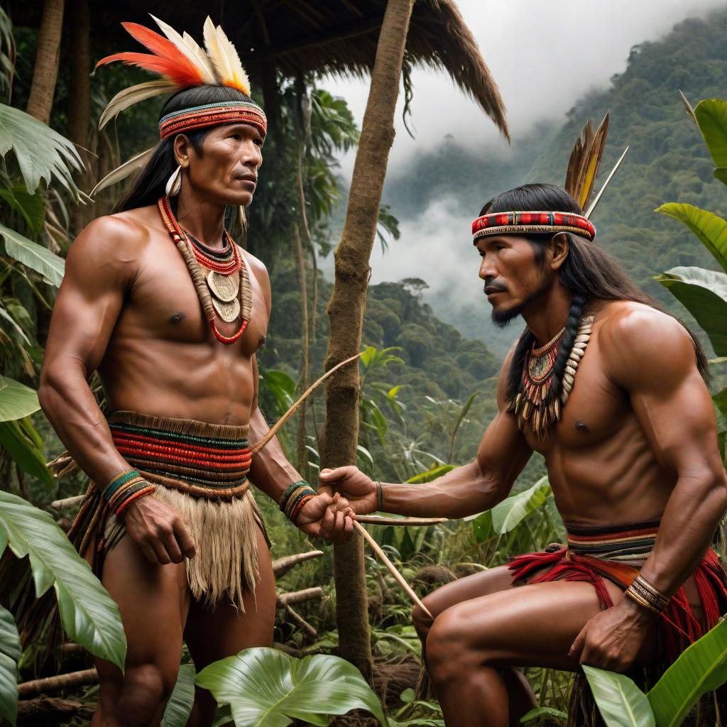  An illustration showcasing the Shuar people of Ecuador engaging in various aspects of their traditional lifestyle. Include imagery of the Amazonian rainforest setting, Shuar individuals in traditional dress partaking in agriculture, hunting, and a scene showing the spiritual ritual of head-shrinking. hyperrealistic, full body, detailed clothing, highly detailed, cinematic lighting, stunningly beautiful, intricate, sharp focus, f/1. 8, 85mm, (centered image composition), (professionally color graded), ((bright soft diffused light)), volumetric fog, trending on instagram, trending on tumblr, HDR 4K, 8K