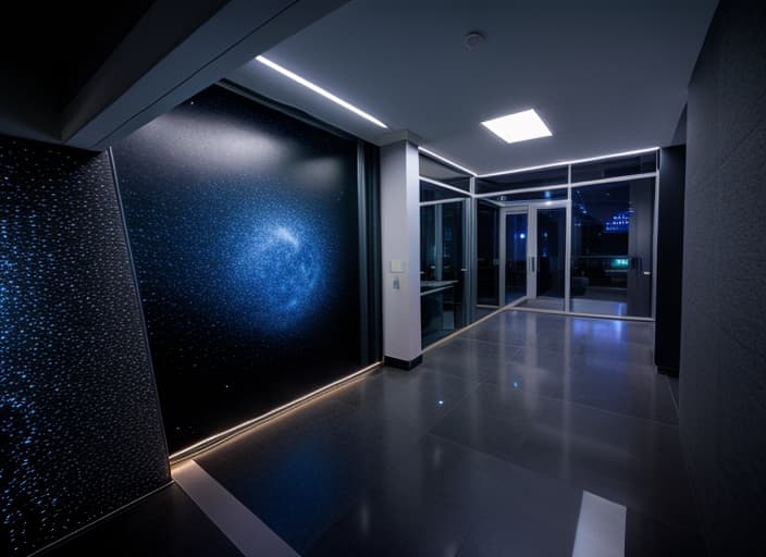  A high resolution photograph of a modern Office, hyper realistic, moonlit sky, starry background, artificial exterior lighting, illuminated windows, serene ambiance, subtle reflections, soft shadows, night time landscaping, clear night sky, captured with a high ISO setting, tranquil and mysterious atmosphere, detailed textures visible under moonlight, the interior of a caffee