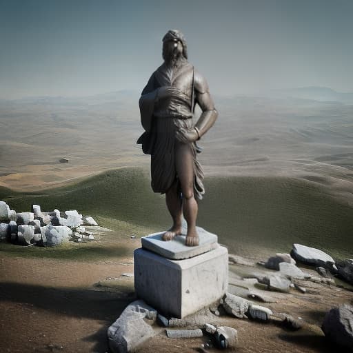 redshift style Greek marble statue standing in front of a city