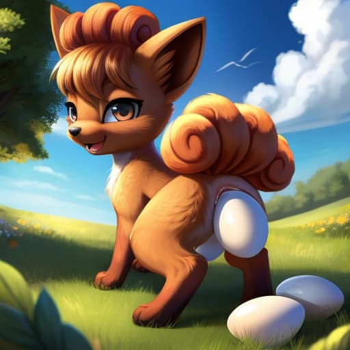  Vulpix, egg in ass, anal oviposition, view from behind,, open eyes, digital art, masterpiece, 4k, fine details,