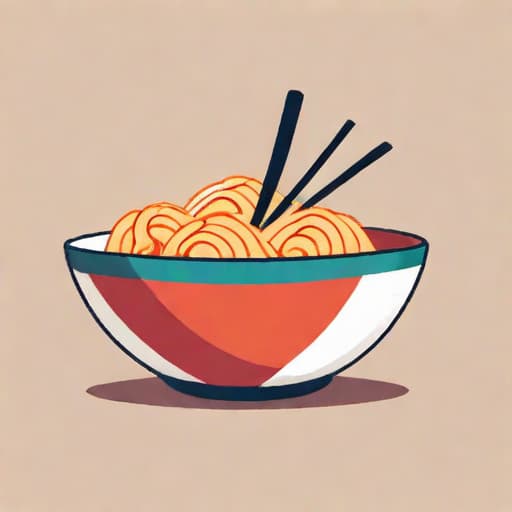  Draw a friendly, clean icon of a smiling noodle bowl with chopsticks resting on the side. The bowl should be round with steam rising from the noodles inside, and the chopsticks can be positioned to the side of the bowl. The color palette should be welcoming and bright, evoking a sense of deliciousness and warmth. ((for a logo)), minimalistic, vector illustration, (simple), (white background), no background, for a company, strong color contrast