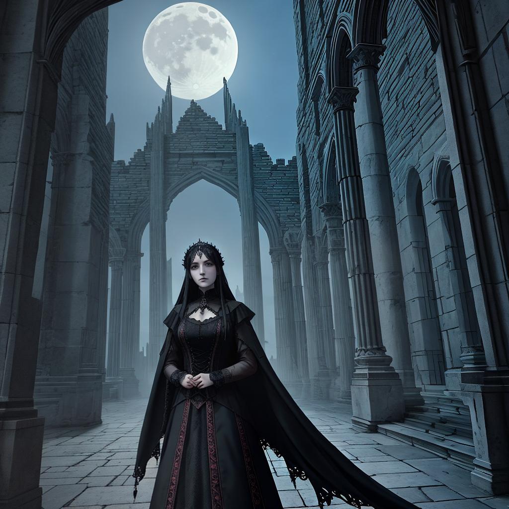  in a gothic aesthetic, Ethereal spires pierce the moonlit sky, as ancient arches weave tales of forgotten realms in a Gothic tapestry.