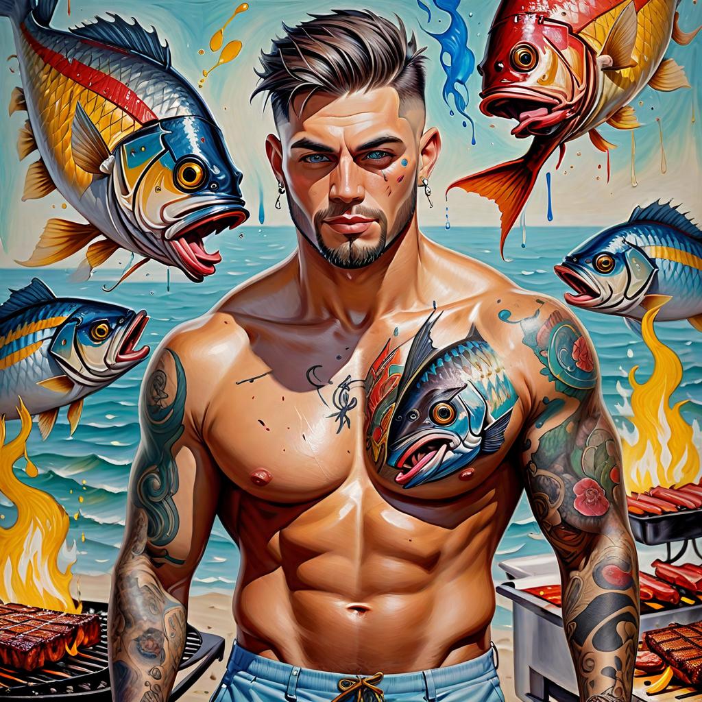  (best quality, masterpiece), (((high detail))), Oil paint image on canvas made of Impasto style splashes of color: A handsome man with tattoos grills fish and the barbecue has strips of Salomon