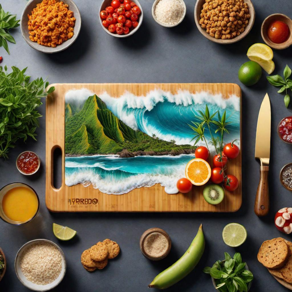  Create an image of a bamboo cutting board with beach waves made of food safe epoxy resin and colored pigments. hyperrealistic, full body, detailed clothing, highly detailed, cinematic lighting, stunningly beautiful, intricate, sharp focus, f/1. 8, 85mm, (centered image composition), (professionally color graded), ((bright soft diffused light)), volumetric fog, trending on instagram, trending on tumblr, HDR 4K, 8K