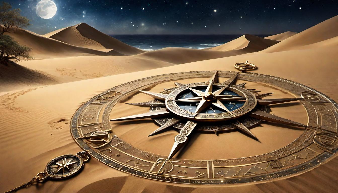  digital painting of Ornate astrolabes and compasses pointing towards the heavens, amidst a wilderness of sand and stars, navigational tools illuminated by moonlight, pathways of inquiry and discovery, the quest for knowledge, alignment of the seen and unseen, celestial navigation looking at viewer, dynamic pose, (intricate details, masterpiece, best quality)