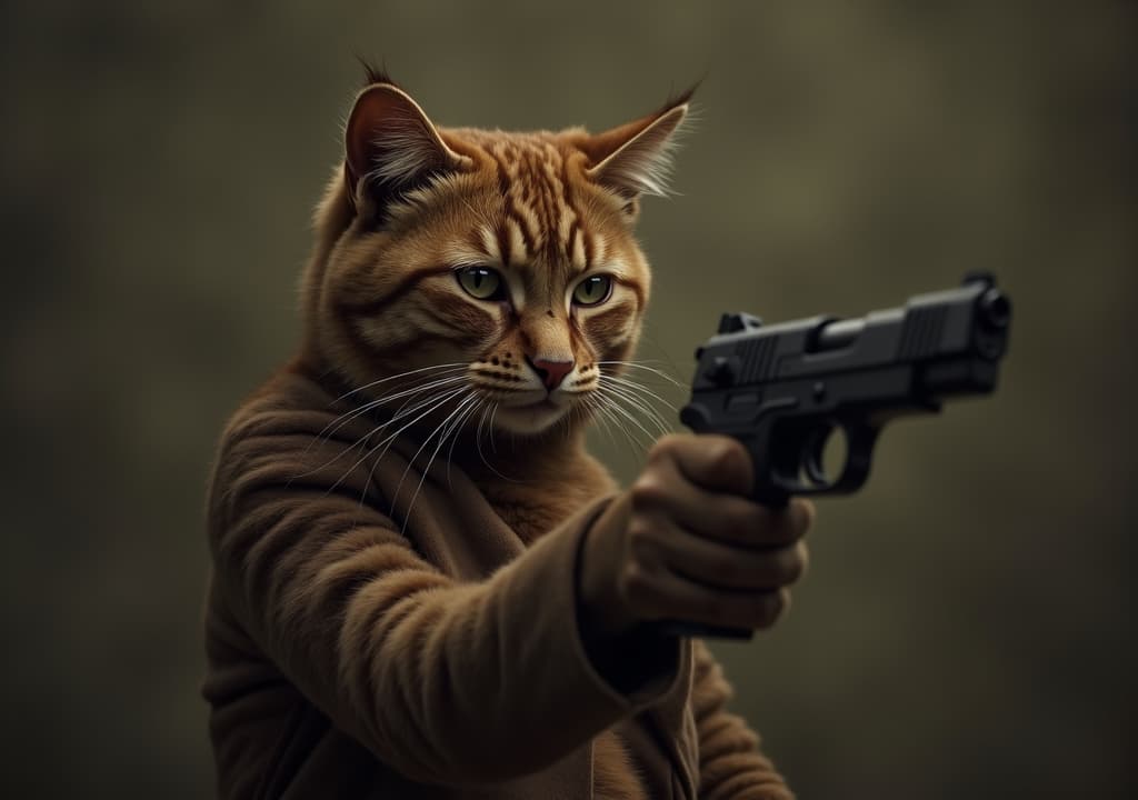  good quality, high quality, a cat with human with gun