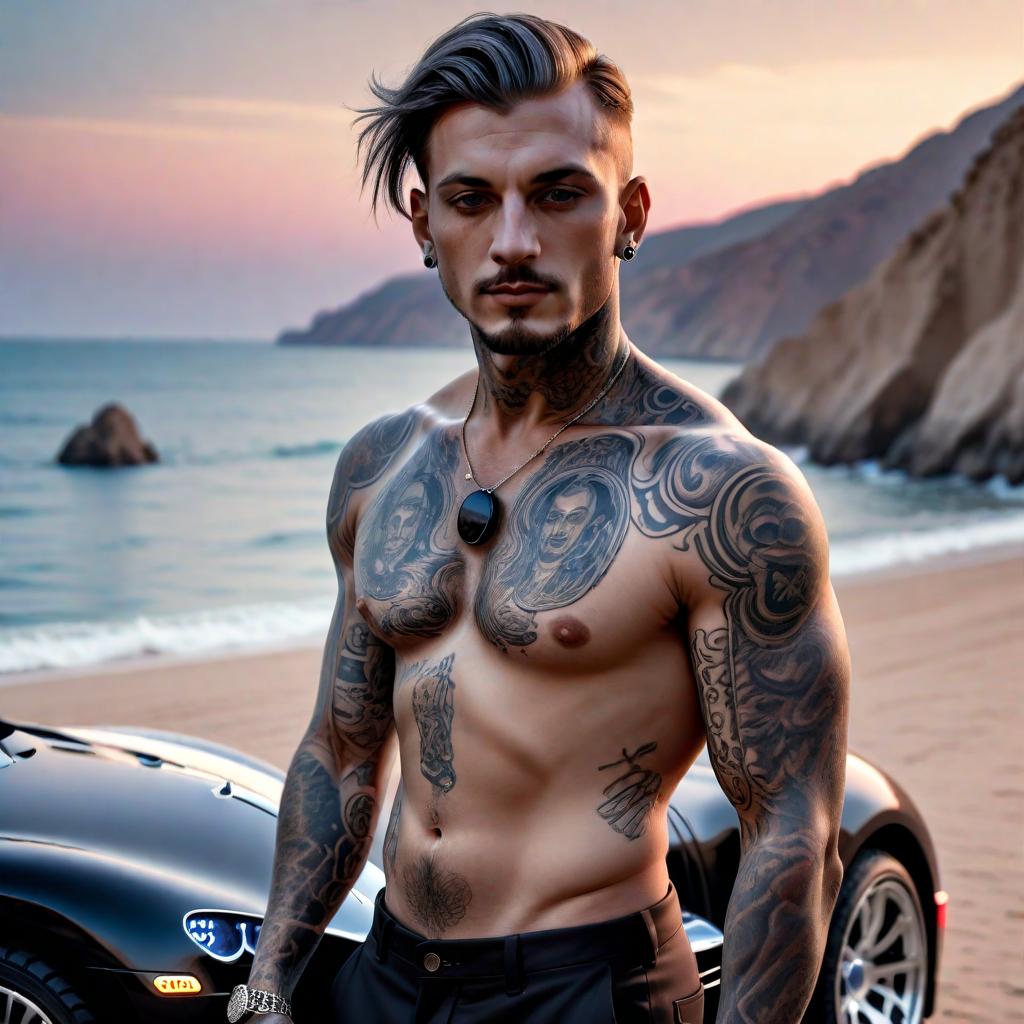  (best quality, masterpiece), (((high detail))), A tattooed model man with an open black button down shirt rides a Bugatti by the sea at sunrise