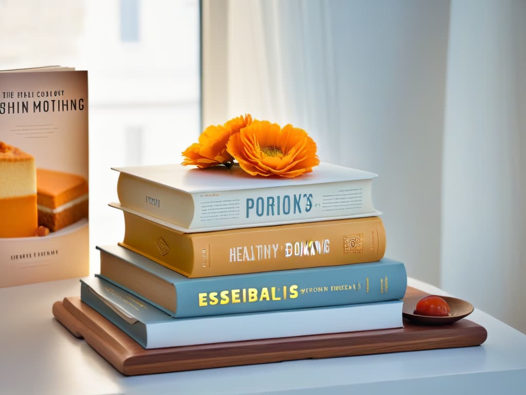  An ultradetailed 8k image of a sleek, modern kitchen countertop adorned with a stack of essential healthy baking cookbooks. The cookbooks feature minimalist covers with clean typography and vibrant, appetizing images of nutritious baked goods. The natural light streaming in through a nearby window casts a soft glow on the books, creating a serene and inviting atmosphere. hyperrealistic, full body, detailed clothing, highly detailed, cinematic lighting, stunningly beautiful, intricate, sharp focus, f/1. 8, 85mm, (centered image composition), (professionally color graded), ((bright soft diffused light)), volumetric fog, trending on instagram, trending on tumblr, HDR 4K, 8K