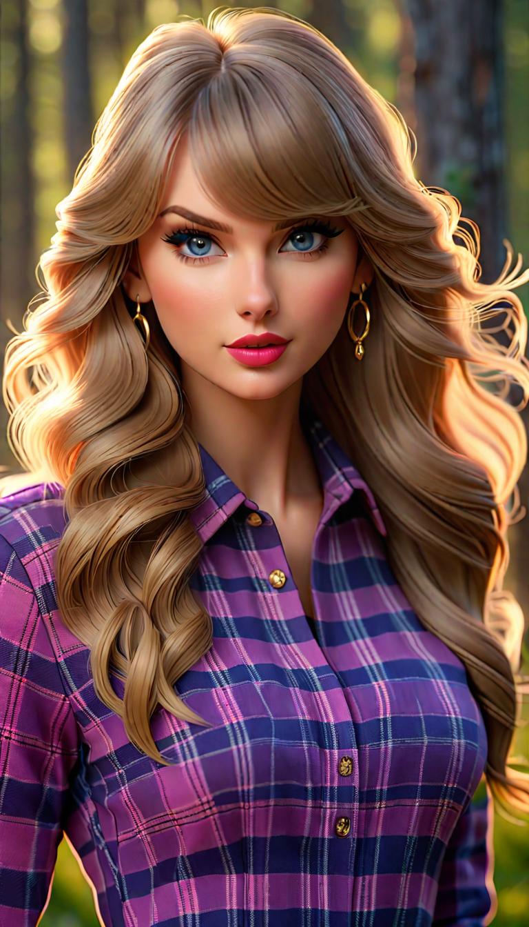  Professional 3D model of Taylor Swift wearing purple plaid . Rendered with Octane, the model is highly detailed,dramatic lighting. hyperrealistic, full body, detailed clothing, highly detailed, cinematic lighting, stunningly beautiful, intricate, sharp focus, f/1. 8, 85mm, (centered image composition), (professionally color graded), ((bright soft diffused light)), volumetric fog, trending on instagram, trending on tumblr, HDR 4K, 8K