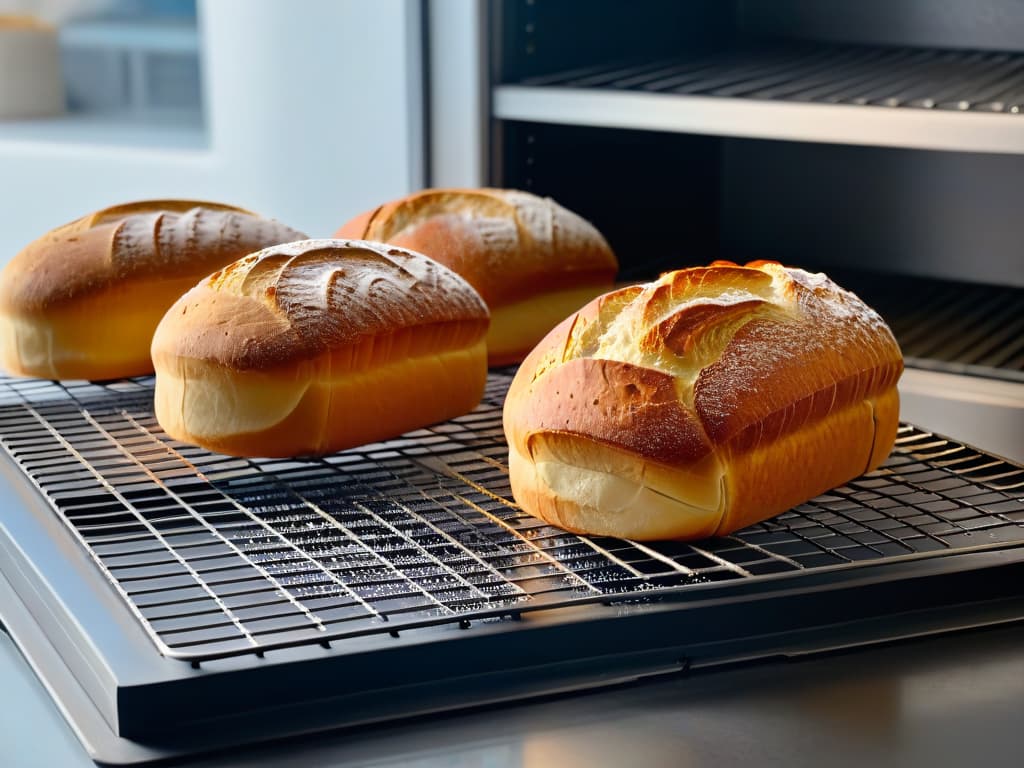  A highresolution closeup image of a sleek, modern kitchen countertop, featuring a row of perfectly aligned freshly baked bread loaves of different varieties cooling off on a wire rack, with a scattering of flour dust and crumbs adding a touch of authenticity to the scene. The soft natural light filtering in through a nearby window illuminates the textures of the bread crusts, showcasing the golden hues and crackly surfaces in intricate detail. The minimalist aesthetic of the image focuses on the artistry of the breadmaking process, emphasizing the craftsmanship and dedication that goes into creating delicious baked goods. hyperrealistic, full body, detailed clothing, highly detailed, cinematic lighting, stunningly beautiful, intricate, sharp focus, f/1. 8, 85mm, (centered image composition), (professionally color graded), ((bright soft diffused light)), volumetric fog, trending on instagram, trending on tumblr, HDR 4K, 8K