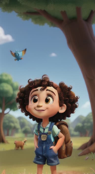  {Riley looking up at the tree with a big smile, animals surrounding them., Riley, a curious with big brown eyes and curly hair, wearing overalls and carrying a small backpack. Their friend, Skye, a bluebird with shiny feathers.