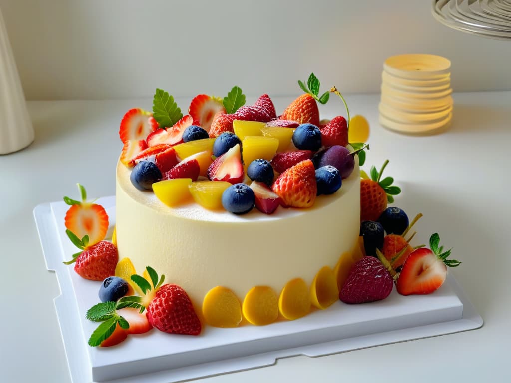  An ultradetailed image depicting an array of premium dehydrated fruits elegantly arranged in a minimalist, chic setting. The fruits, including vibrant strawberries, tangy mango slices, and chewy figs, are meticulously presented on a sleek marble platter against a backdrop of soft, diffused lighting. Each fruit glistens with a crystalline sheen, showcasing their natural colors and textures in exquisite detail. The composition exudes a sense of sophistication and culinary artistry, perfectly complementing the article's focus on incorporating premium dehydrated fruits into pastry creations. hyperrealistic, full body, detailed clothing, highly detailed, cinematic lighting, stunningly beautiful, intricate, sharp focus, f/1. 8, 85mm, (centered image composition), (professionally color graded), ((bright soft diffused light)), volumetric fog, trending on instagram, trending on tumblr, HDR 4K, 8K