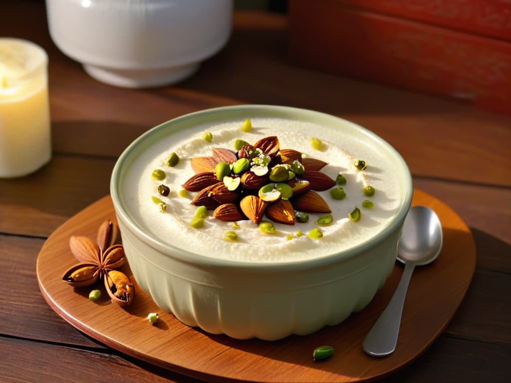  A beautifully presented bowl of Roz Bel Laban, topped with a sprinkle of cinnamon and garnished with sliced almonds and pistachios, set on a rustic wooden table with a delicate Middle Eastern tea set in the background. The creamy texture of the rice pudding is visible, inviting the viewer to taste a spoonful of this traditional dessert. The warm lighting enhances the golden hues of the dessert and creates a cozy, inviting atmosphere. hyperrealistic, full body, detailed clothing, highly detailed, cinematic lighting, stunningly beautiful, intricate, sharp focus, f/1. 8, 85mm, (centered image composition), (professionally color graded), ((bright soft diffused light)), volumetric fog, trending on instagram, trending on tumblr, HDR 4K, 8K