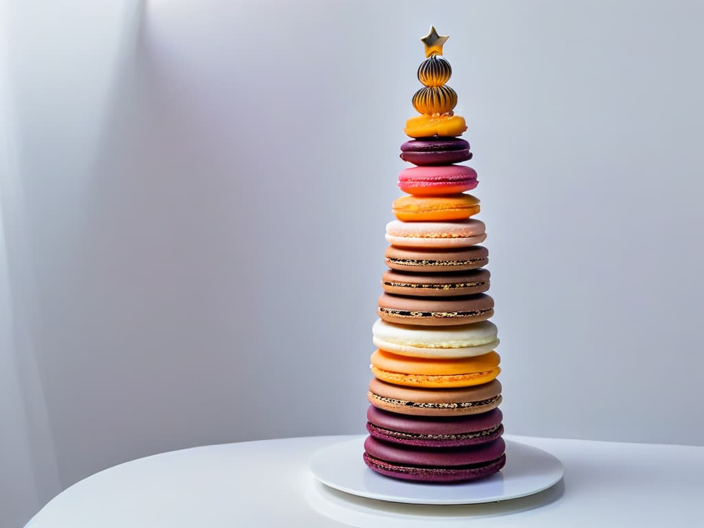  A minimalist, highresolution image of a vibrant, multicolored macaron tower, showcasing a gradient of hues from deep purple to soft pink, set against a clean, white background. Each macaron is perfectly crafted, reflecting the interplay between colors and flavors in the art of dessert making. hyperrealistic, full body, detailed clothing, highly detailed, cinematic lighting, stunningly beautiful, intricate, sharp focus, f/1. 8, 85mm, (centered image composition), (professionally color graded), ((bright soft diffused light)), volumetric fog, trending on instagram, trending on tumblr, HDR 4K, 8K