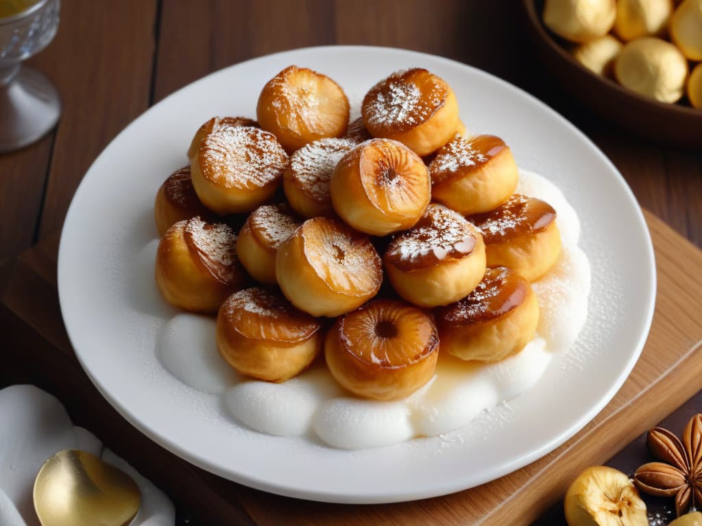  An intricate, closeup image of goldenbrown Loukoumades, traditional Greek honey puffs, glistening with a light drizzle of honey and sprinkled with chopped nuts. The puffs are perfectly round and slightly crispy on the outside, with a soft, fluffy interior. The honey is delicately pooled around the base of the Loukoumades, emphasizing their sticky sweetness. This minimalist image captures the essence of this classic Greek dessert in stunning detail, highlighting its irresistible allure. hyperrealistic, full body, detailed clothing, highly detailed, cinematic lighting, stunningly beautiful, intricate, sharp focus, f/1. 8, 85mm, (centered image composition), (professionally color graded), ((bright soft diffused light)), volumetric fog, trending on instagram, trending on tumblr, HDR 4K, 8K