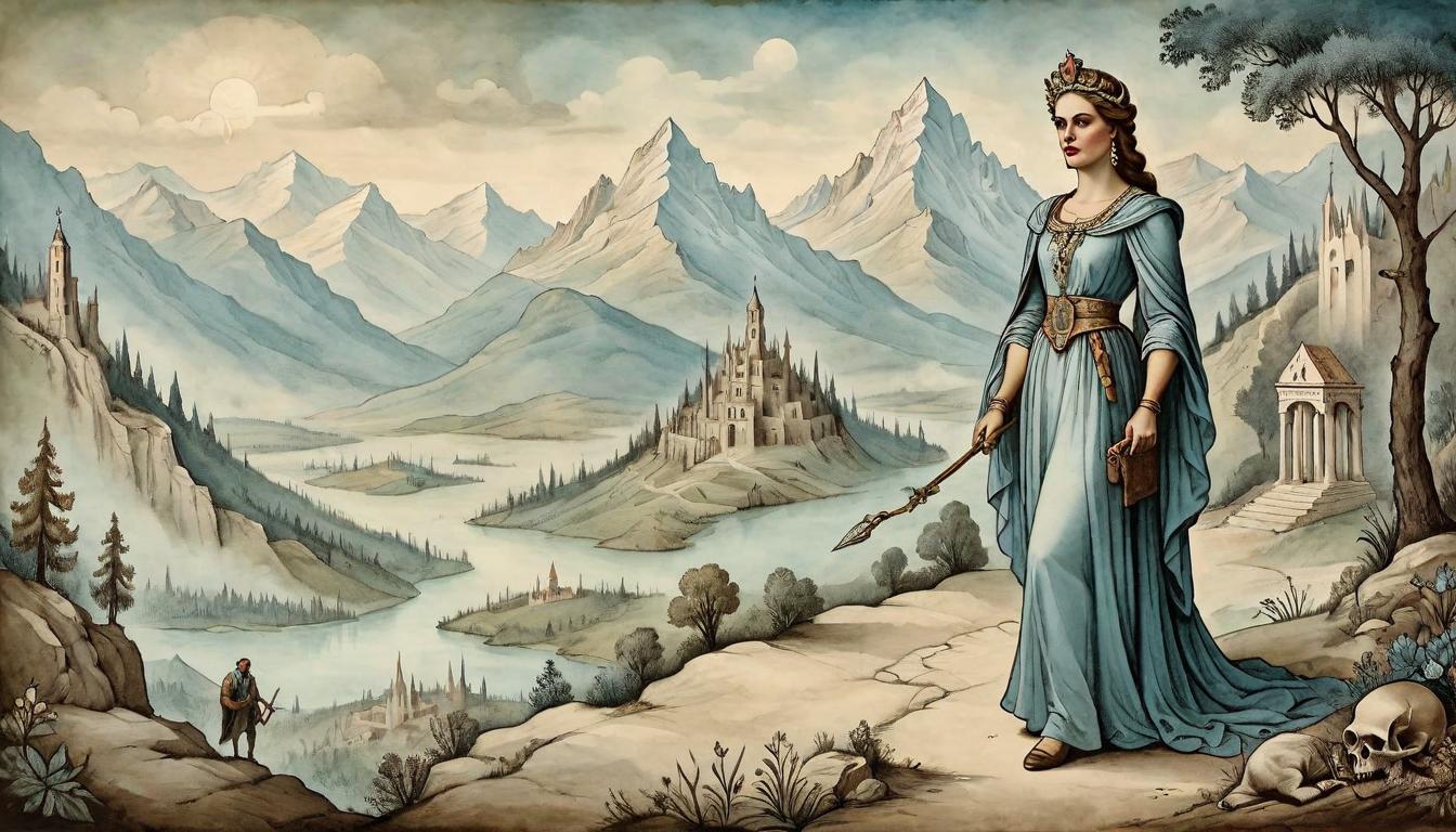  on parchment, surrealism+++, Goddess of virtue, modest attire, symbols of struggle, mountainous path in the background, virtue and sacrifice(mysterious, provocative, symbolic,muted color)+++