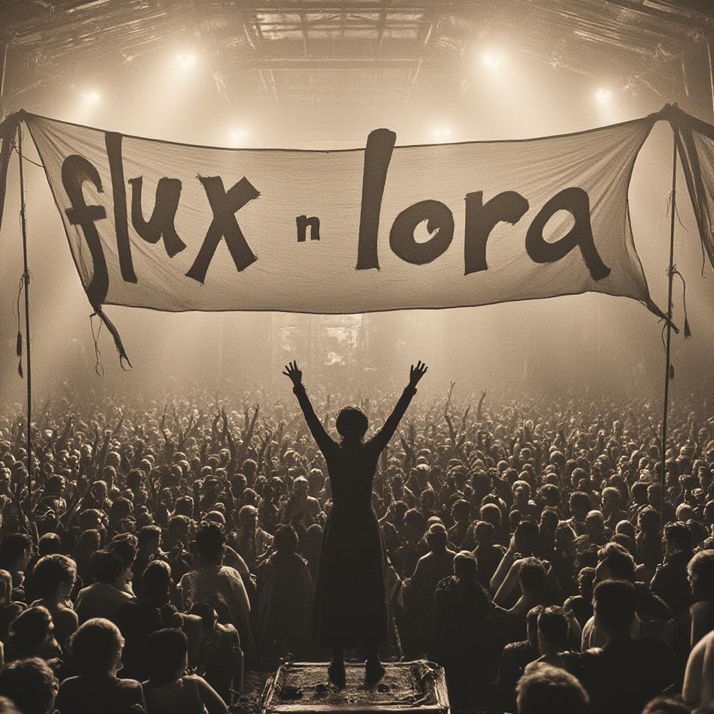  vintage style, a huge crowd cheering at a huge banner, banner contains the text 'flux lora on modelslab'.